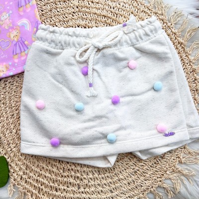 Conj. Blusa Ursinhas e Short Saia com Pompom - Lilás e Areia